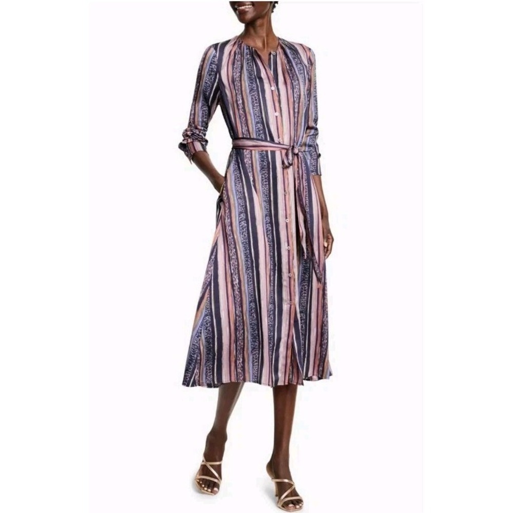 NIC + ZOE Multicolor‎ Satin Loren Animal Stripe Party Midi Shirt Dress Size 10
